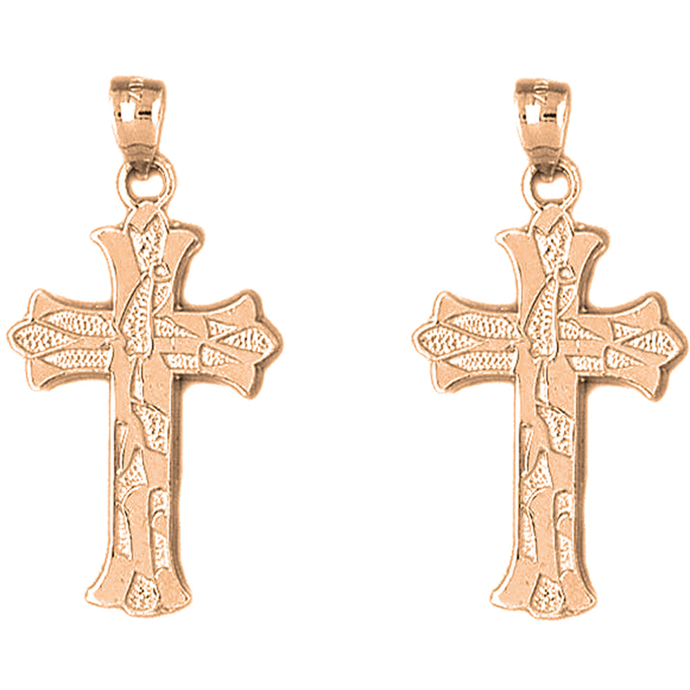 14K or 18K Gold 37mm Budded Cross Earrings