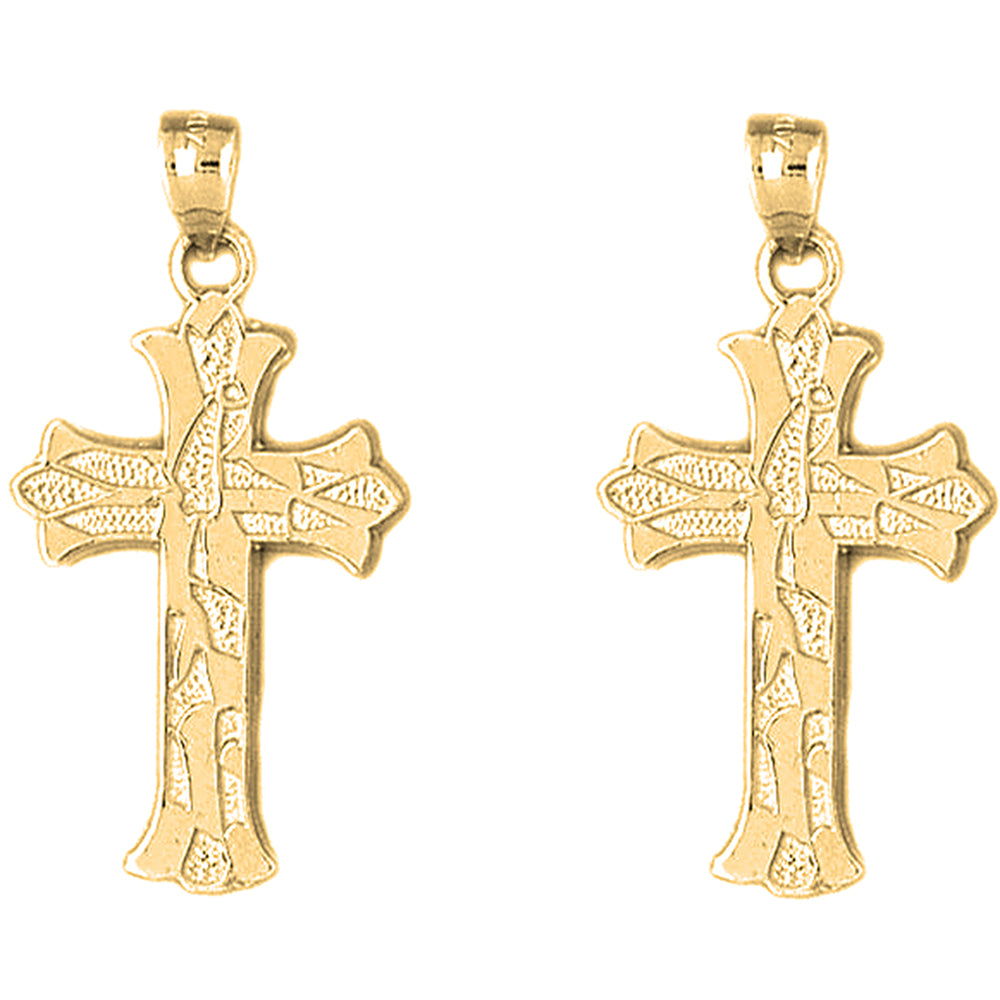 Yellow Gold-plated Silver 37mm Budded Cross Earrings