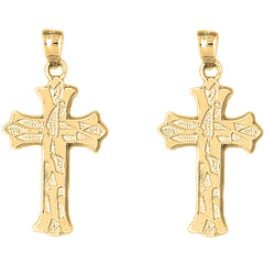 Yellow Gold-plated Silver 37mm Budded Cross Earrings