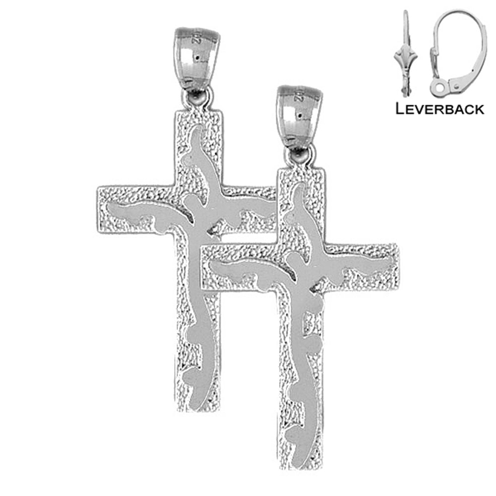 Sterling Silver 46mm Latin Vine Cross Earrings (White or Yellow Gold Plated)