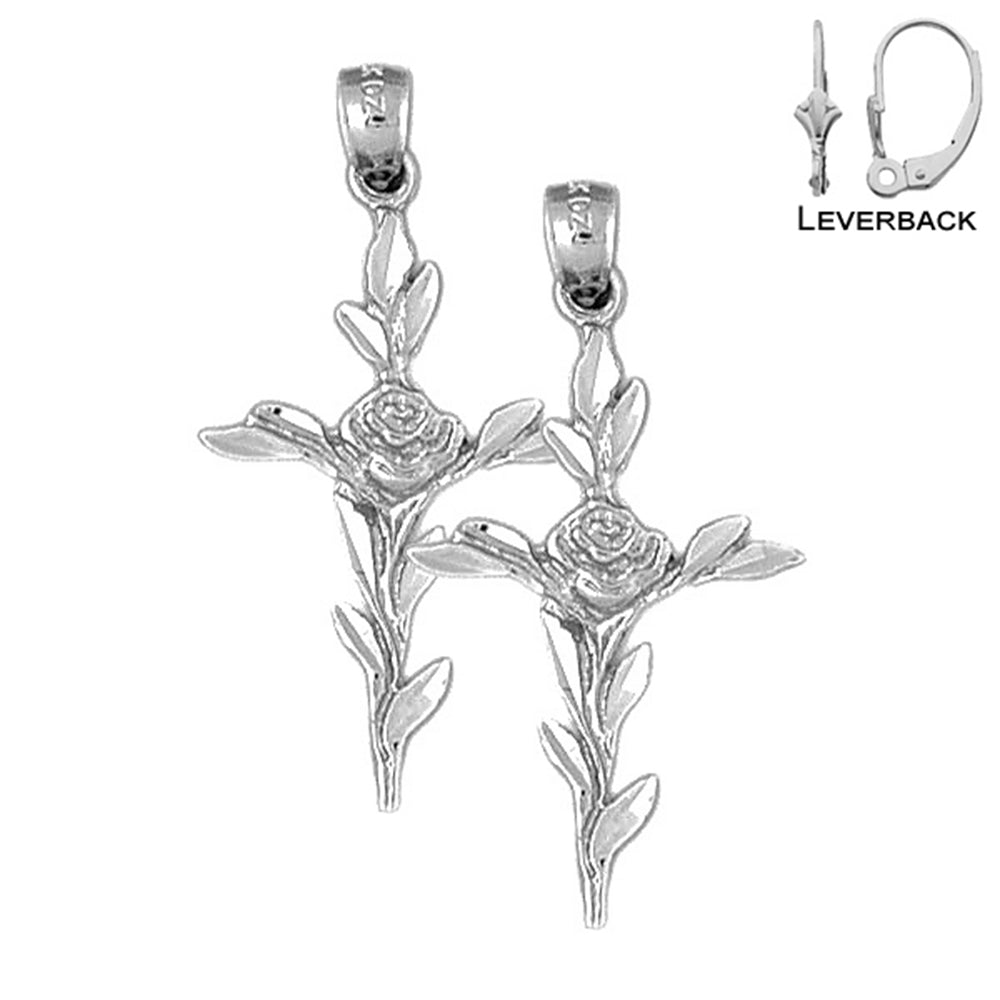 Pendientes de cruz con rosa de plata de ley de 37 mm (chapados en oro blanco o amarillo)