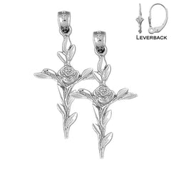 Pendientes de cruz con rosa de plata de ley de 37 mm (chapados en oro blanco o amarillo)