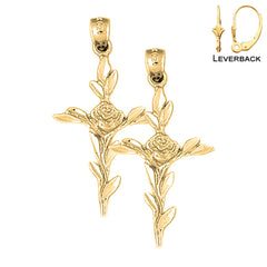 14K or 18K Gold Cross With Rose Earrings