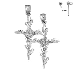 Pendientes de cruz con rosa de plata de ley de 37 mm (chapados en oro blanco o amarillo)