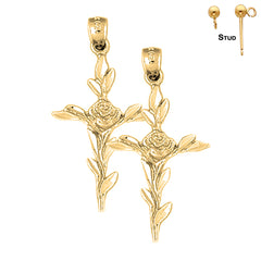 Sterling Silver 37mm Cross With Rose Earrings (White or Yellow Gold Plated)