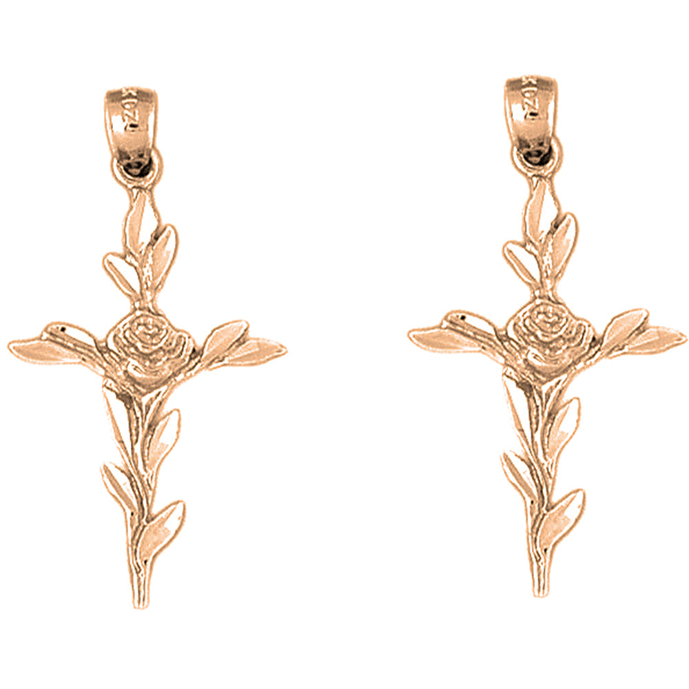 14K or 18K Gold 37mm Cross With Rose Earrings