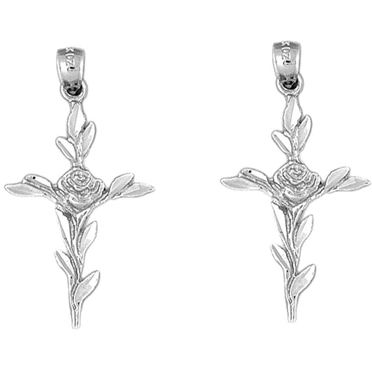 Sterling Silver 37mm Cross With Rose Earrings