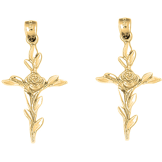 Yellow Gold-plated Silver 37mm Cross With Rose Earrings