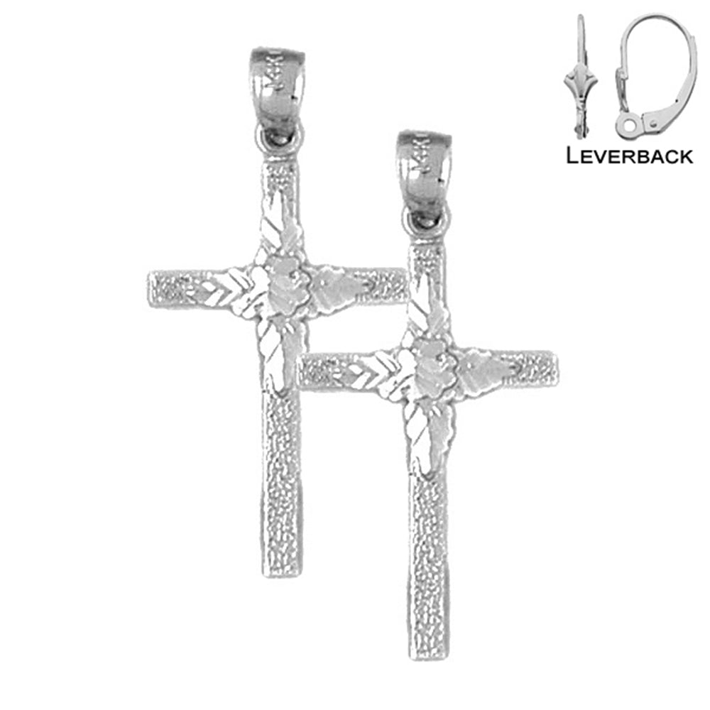 Sterling Silver 31mm Floral Cross Earrings (White or Yellow Gold Plated)