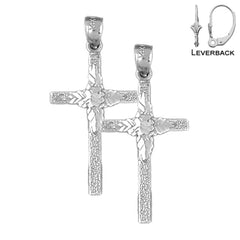 Sterling Silver 31mm Floral Cross Earrings (White or Yellow Gold Plated)