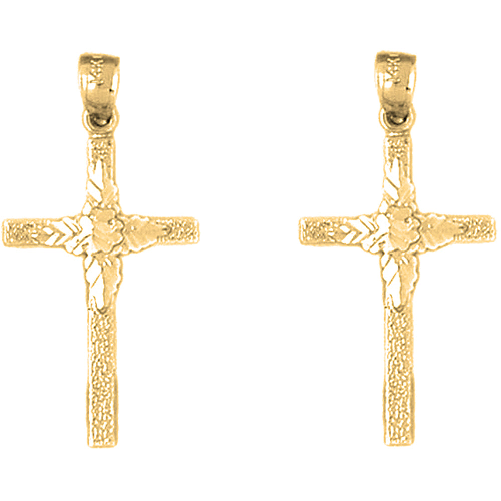 Yellow Gold-plated Silver 31mm Floral Cross Earrings