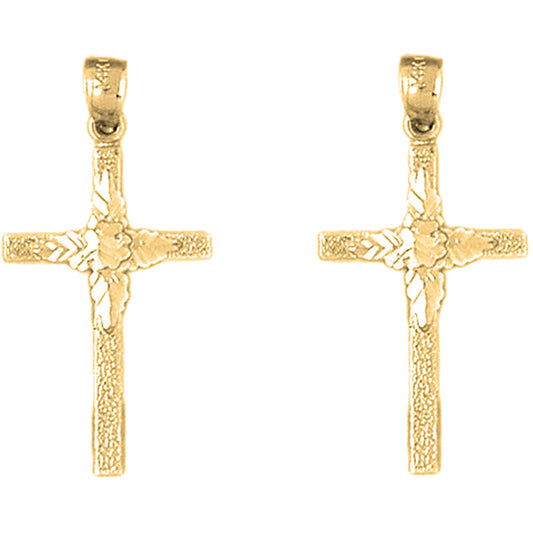 Yellow Gold-plated Silver 31mm Floral Cross Earrings