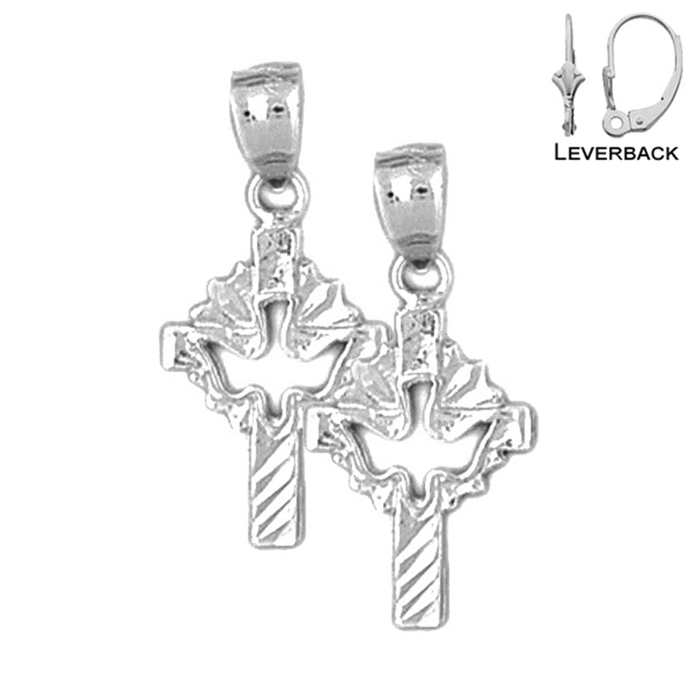 Sterling Silver 26mm Dove & Cross Earrings (White or Yellow Gold Plated)