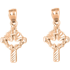 14K or 18K Gold 26mm Dove & Cross Earrings