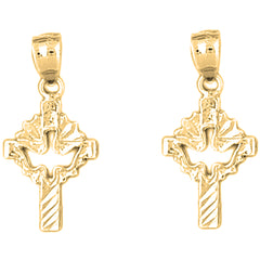 Yellow Gold-plated Silver 26mm Dove & Cross Earrings