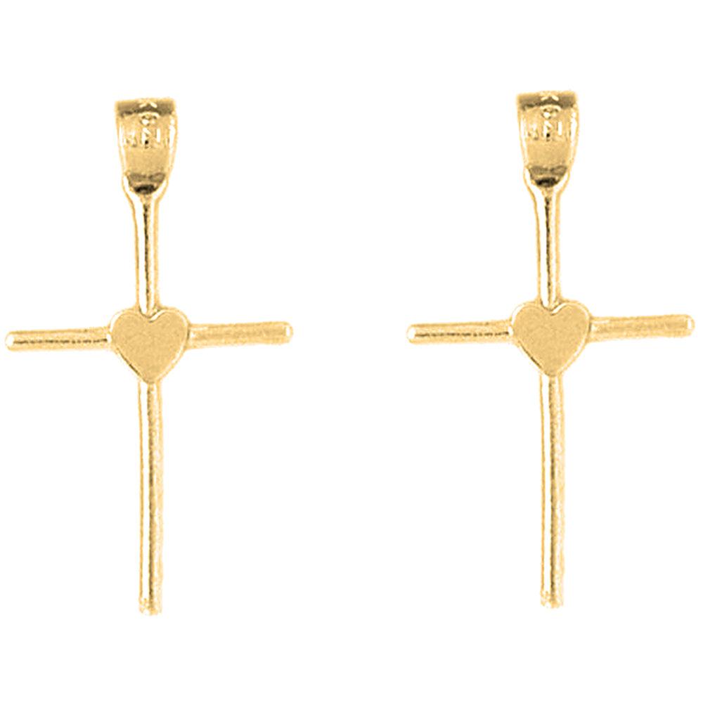 Yellow Gold-plated Silver 29mm Heart & Cross Earrings