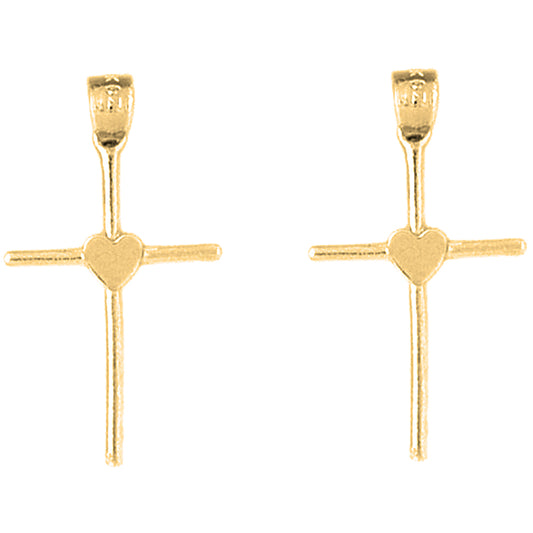 Yellow Gold-plated Silver 29mm Heart & Cross Earrings