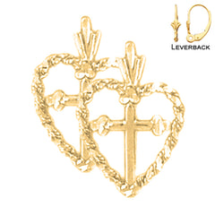 Pendientes de plata de ley con forma de corazón y cruz de 19 mm (chapados en oro blanco o amarillo)