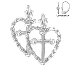 Sterling Silver 19mm Heart & Cross Earrings (White or Yellow Gold Plated)