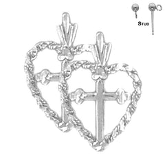 Pendientes de plata de ley con forma de corazón y cruz de 19 mm (chapados en oro blanco o amarillo)