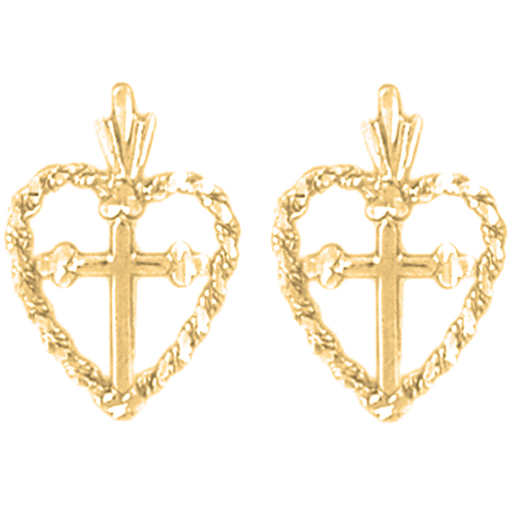 Yellow Gold-plated Silver 19mm Heart & Cross Earrings