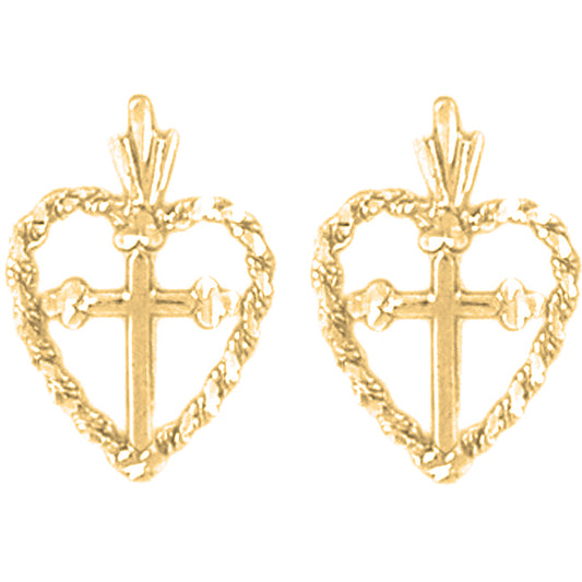 Yellow Gold-plated Silver 19mm Heart & Cross Earrings