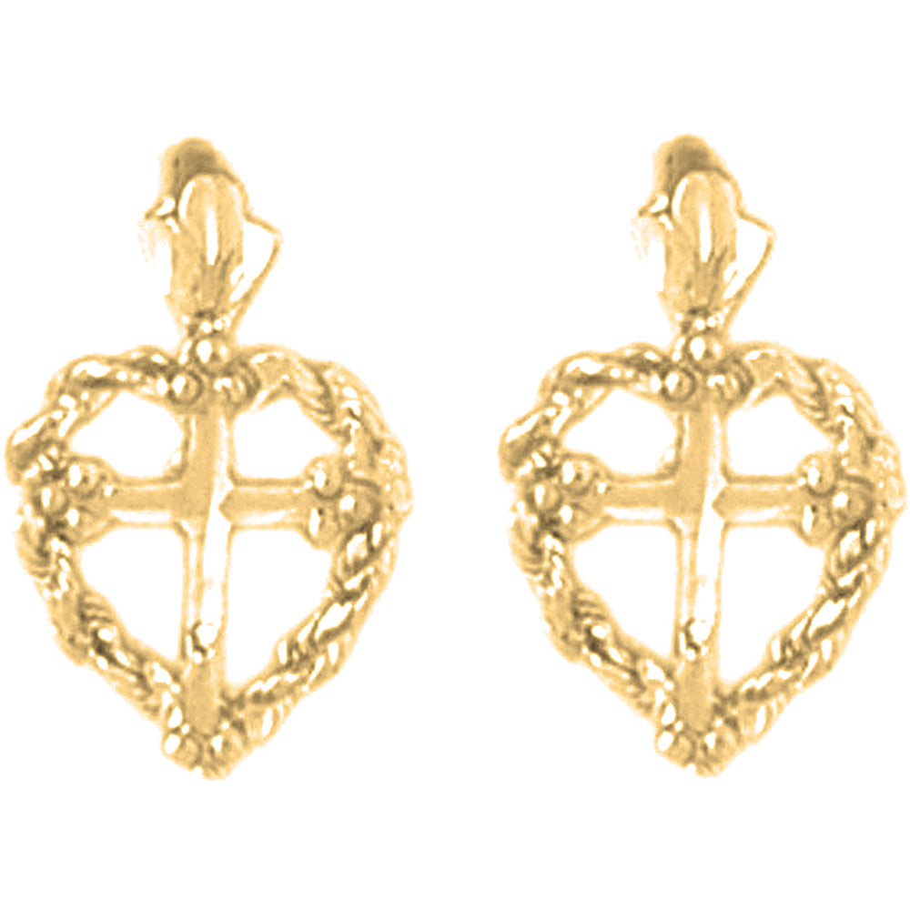 Yellow Gold-plated Silver 16mm Heart & Cross Earrings