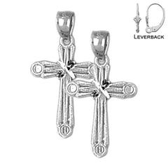 Sterling Silver 23mm Budded Cross Earrings (White or Yellow Gold Plated)