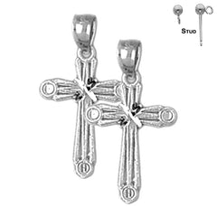 Sterling Silver 23mm Budded Cross Earrings (White or Yellow Gold Plated)