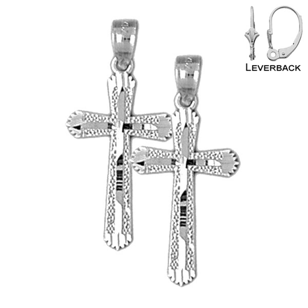 Sterling Silver 26mm Budded Cross Earrings (White or Yellow Gold Plated)