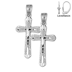 Sterling Silver 26mm Budded Cross Earrings (White or Yellow Gold Plated)