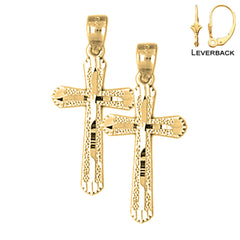 Sterling Silver 26mm Budded Cross Earrings (White or Yellow Gold Plated)