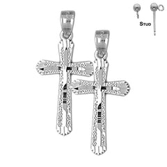 Sterling Silver 26mm Budded Cross Earrings (White or Yellow Gold Plated)