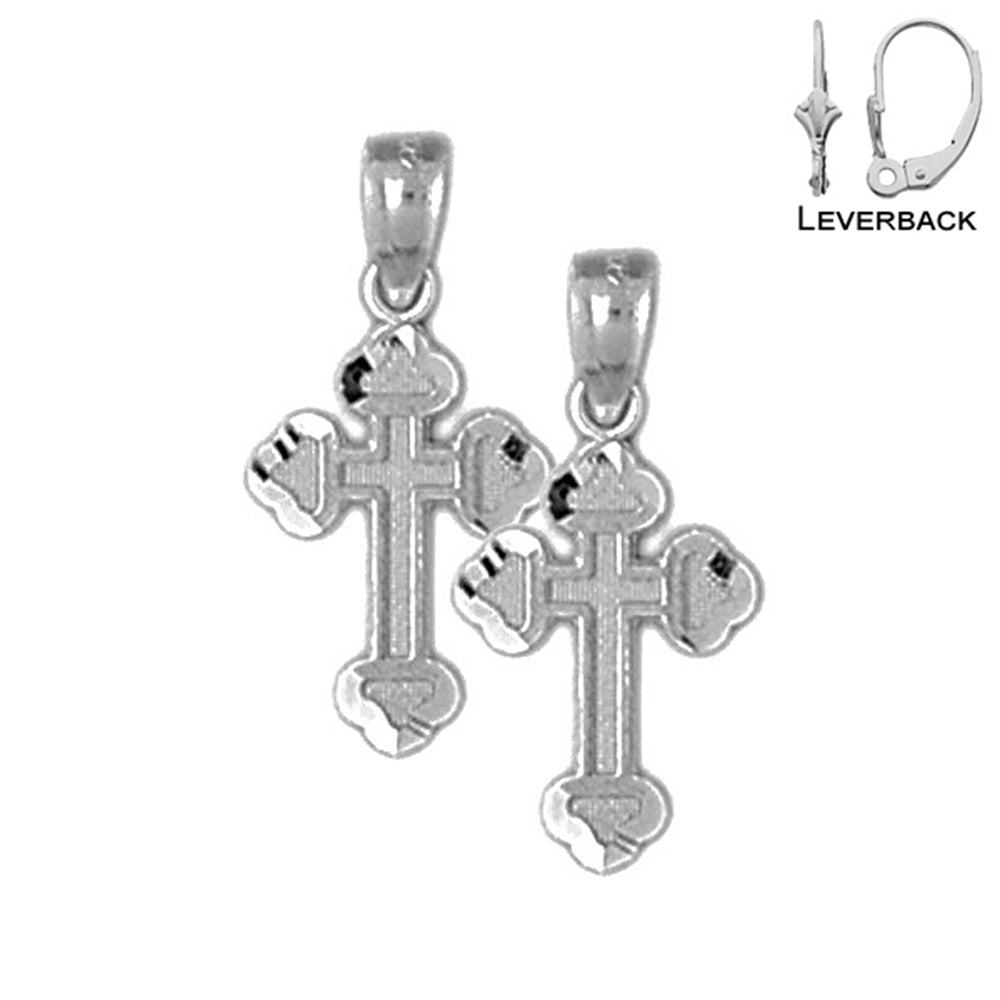 Sterling Silver 23mm Budded Cross Earrings (White or Yellow Gold Plated)