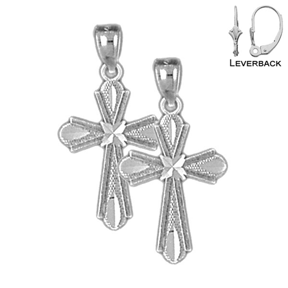 Sterling Silver 20mm Budded Cross Earrings (White or Yellow Gold Plated)