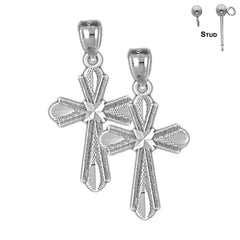 Sterling Silver 20mm Budded Cross Earrings (White or Yellow Gold Plated)