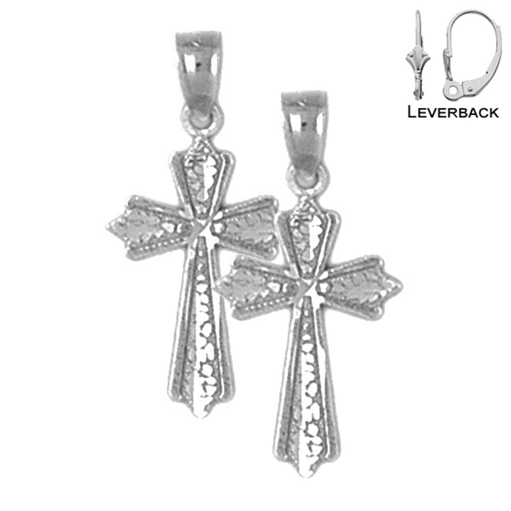 Sterling Silver 23mm Budded Cross Earrings (White or Yellow Gold Plated)