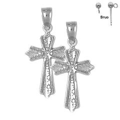 Sterling Silver 23mm Budded Cross Earrings (White or Yellow Gold Plated)