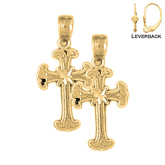 Sterling Silver 21mm Budded Cross Earrings (White or Yellow Gold Plated)