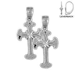 Sterling Silver 21mm Budded Cross Earrings (White or Yellow Gold Plated)