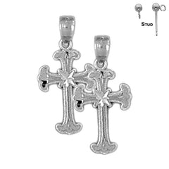 Sterling Silver 21mm Budded Cross Earrings (White or Yellow Gold Plated)