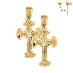 Sterling Silver 21mm Budded Cross Earrings (White or Yellow Gold Plated)