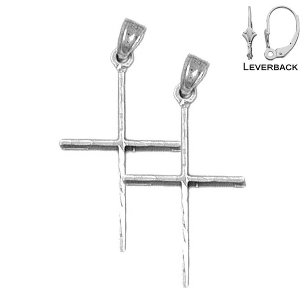 Sterling Silver 32mm Latin Cross Earrings (White or Yellow Gold Plated)