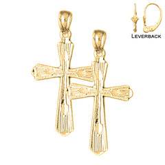 Sterling Silver 30mm Budded Cross Earrings (White or Yellow Gold Plated)