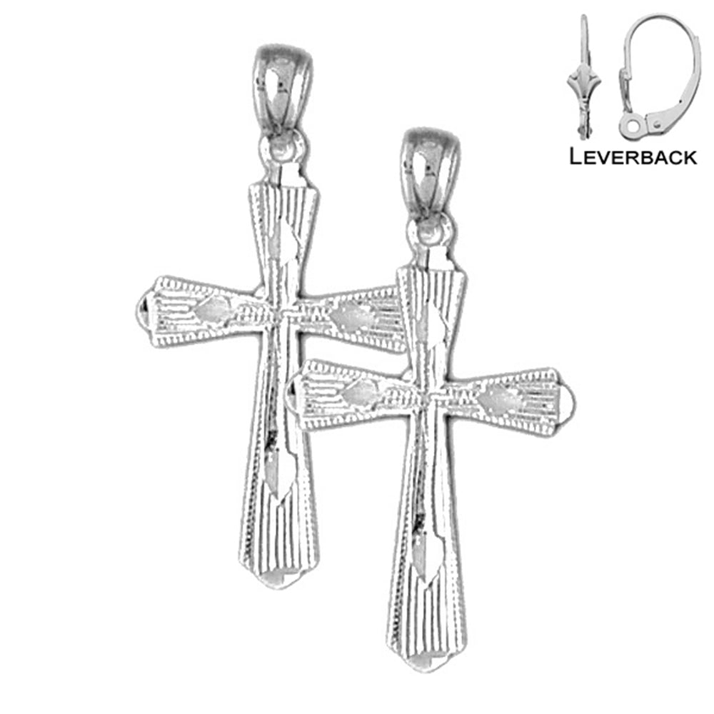 Sterling Silver 30mm Budded Cross Earrings (White or Yellow Gold Plated)