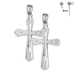 Sterling Silver 30mm Budded Cross Earrings (White or Yellow Gold Plated)