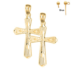 Sterling Silver 30mm Budded Cross Earrings (White or Yellow Gold Plated)