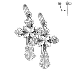 Sterling Silver 23mm Budded Cross Earrings (White or Yellow Gold Plated)