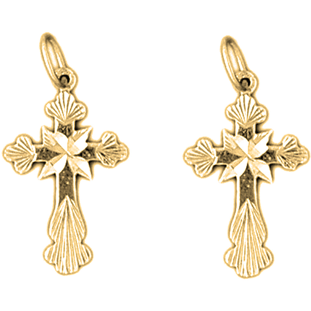 Yellow Gold-plated Silver 23mm Budded Cross Earrings