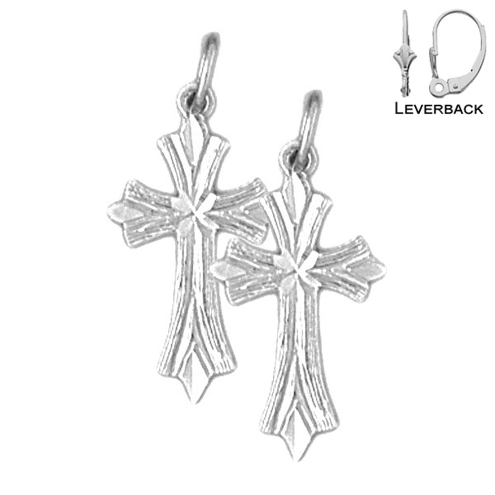 Sterling Silver 24mm Budded Cross Earrings (White or Yellow Gold Plated)